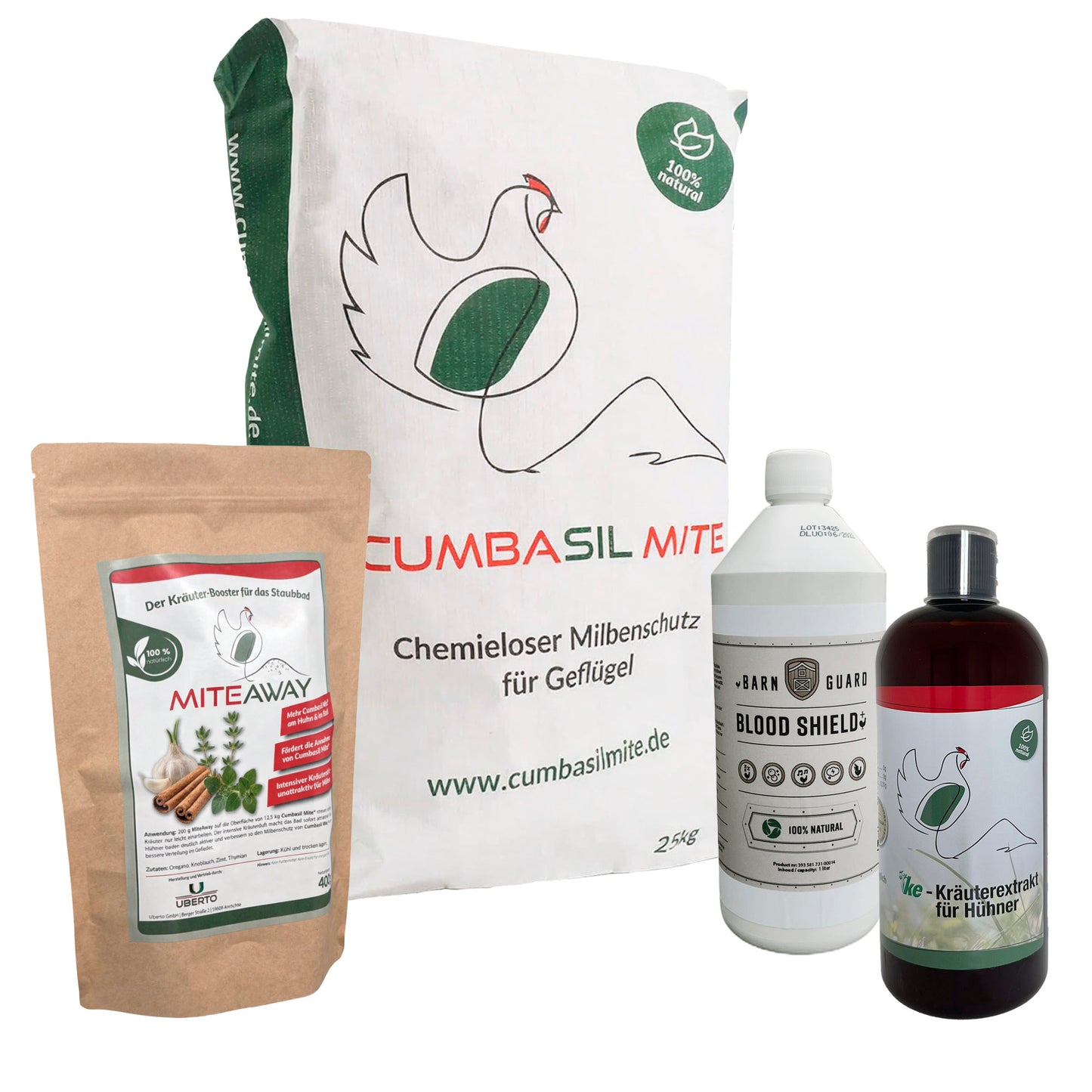 Akutset 25kg Cumbasil Mite & 1000ml KE-für Hühner & 1000ml Blood Shield & MITEAWAY 400g